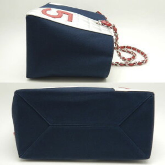 CHANEL Coco Mark Chain Tote Bag Canvas Leather Navy Blue White - Picture 2 of 8